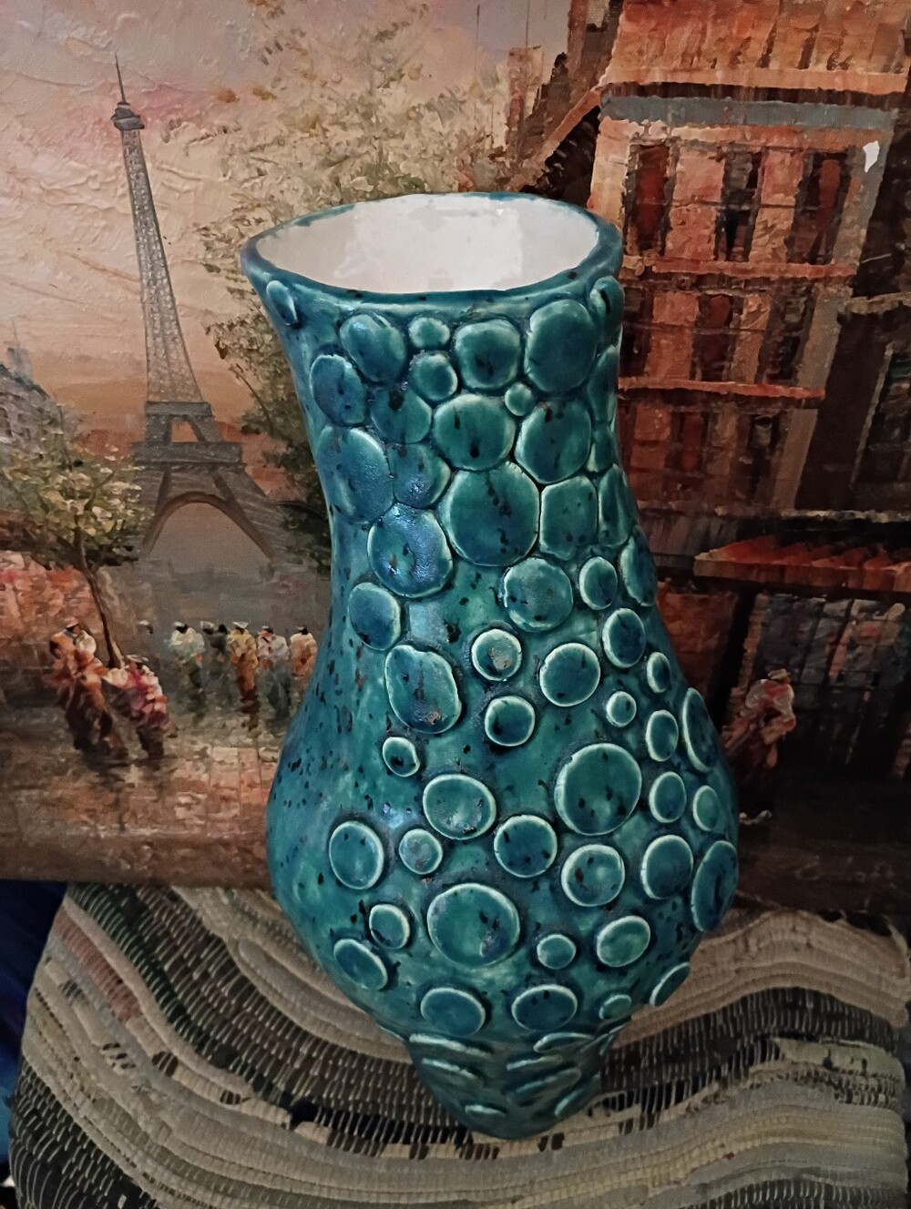 Vintage Charles Cart-"Brutalist" Textured "1960s "Fat Lava" Teal Ceramic Vase. - Picture 3 of 5